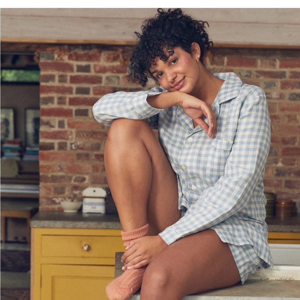Piglet in Bed Warm Blue Gingham Linen Pajama Set